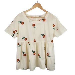 Toad&Co Cream Blouse with Red Floral Embroidery